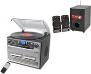 Steepletone BT-SMC386c Compact PRO, Bluetooth Retro Nostalgic Music System, Remote, Record Player, CD, Radio, RECORDING: USB/SD. TWIN Cassette + Separate Sub-Woofer Speaker System (80-W Black/Silver)