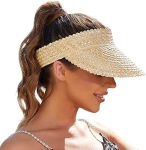 Visors for Women, Sun Visors for Women Straw Hats for Women Handmade Sun Hat Womens Packable Beach Hats for Women, Beige, One Size