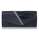 Damara Womens Pleated Crystal-Studded Satin Handbag Evening Clutch,Navy Blue