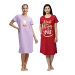 9shines Label Pack of 2 Cotton Knee Length Nighty Chemise | Maxi | Graphic Print Nightdress with Pocket for Women(TP Rani Pink X Lilac- L)