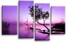 LR Sunset Landscape Lake Wall Art Picture Purple Brown Abstract Floral Framed Split Panel Canvas Print