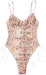 Lilosy Women Sexy Lace Up Floral Embroidered Teddy Lingerie Bodysuit Top Mesh Sheer One Piece, Pink, Medium