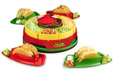 Nostalgia Taco Tuesday Heated Lazy Susan Taco Bar Serving Set for a Party with 4 Tortilla Holders, Fondue Pot for Burritos, Nachos, and Fajitas - 20 Oz. - Red