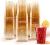 14oz Gold Glitter Plastic Cups (100 Pack), Elegant Party Cups for Birthday Parties, Weddings, and Holidays, Fancy Disposable Cocktail Glasses, Clear and Gold Cups, Bulk Wine and Mimosa Cups