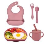 Silicone Baby Feeding Set, Baby Led Weaning Supplies 5 Pack with Suction Plate and Bib , Self Feeding Spoons Forks Sippy Cup Adjustable Lid, Eating Utensils for 6+ Months - Pink