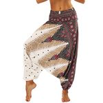 Nuofengkudu Baggy Harem Pants for Women Boho Patterned Smocked High Waist Brown Peacock Print Cool Pyjama Wide Leg Aladdin Hippie Trousers Summer Clothes Yoga Beach Holiday(Size: One Size)