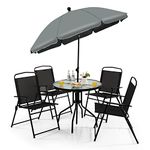 RELAX4LIFE 6-Piece Garden Furniture Set, Patio Dining Set with 4 Folding Chairs, Tempered Glass Table & Parasol, Outdoor Conversation Set for Balcony Lawn Poolside (Grey Umbrella+Black Chairs)