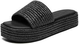 Athlefit Black Platform Sandals for Women Summer Raffia Espadrille Sandals Comfort Slip On Beach Casual Rattan Sandals Size 9.5