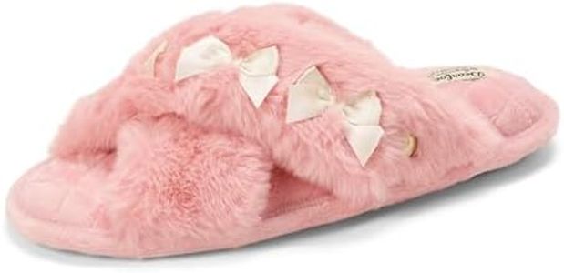 Dearfoams Women's Acquired Style & Danielle Pheloung Exclusive Memory Foam Jessica Cozy Bow Cross Band Slide Slippers, Pink Bows, 7-8