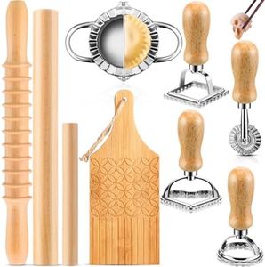 9 Pcs Gnocchi Pasta Making Tools kit - Gnocchi Board, Pasta Cutter, Ravioli Stamp, Wood Threaded Pasta Roller Pin Set, Noodle and Dumplings Maker, Homemade Kitchen Gift for Pasta Lovers