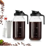 2 PACK Cold Brew Coffee Maker, 64 oz Wide Mouth Mason Jar Pitcher with Stainless Steel Filter, Pour Spout Handle Lid, Heavy Duty Glass Airtight & Leak-Proof Pitcher for iced coffee & Tea Lemonade