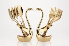 ROSTON Cutlery Set Stainless Steel Gold Premium Spoon Set Luxury Dinning tabelware Gift for House Warming (6PCS Fork and Stand)
