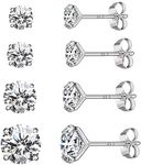 RENKE 4 Pairs Sterling Silver Stud Earrings for Women, Hypoallergenic Earrings with 5A+ Cubic Zirconia Sizes: 3/4/5/6mm – Elegant Earrings Set for Every Style