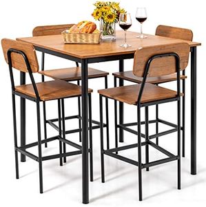 Giantex 5-Piece Dining Table Set W/Counter Height Table & 4 Bar Stools, Industrial Kitchen Dining Table Set W/Footrest & Backrest, Space-Saving Dinette Set for Pub, Dining Room, Restaurant (Teak)