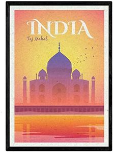 Lama in India. stile vintage. Poster del Taj Mahal in colori. Ad India formato A3