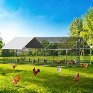 Large Walk-in Chicken Coop with Chicken Run, Galvanized Poultry Enclosure with Waterproof Anti-UV Cover and Security Lock, Ideal for Rabbit, Duck, Backyard and Farm Yard, 19.7'x 9.8'x 6.6'