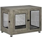 PawHut Dog Crate Furniture End Table w/Soft Washable Cushion, Two Doors, Indoor Pet Kennel for Small Medium Large Dogs w/Wire Mesh, Grey