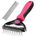 Dog and Cat Brush for Shedding and Dematting - Deshedding Undercoat Rake for Long Haired Dogs and Cats, Double Sided Pet Grooming Brush for Dogs and Cats with Steel Comb, Pink