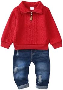 Yhnslsf Baby Boy Clothes Infant Toddler Boys Outfits Mock Neck 1/4 Zip Pullover Long Sleeve Knit Sweatshirt Ripped Jeans Denim Pants Fall Winter Sweatsuit Set Red 18-24 Months