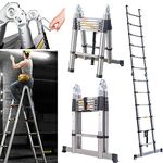 Telescopic Ladder 3.8M Heavy Duty Multi-Purpose Stainless Steel Multi-Purpose Sturdy Loft Ladder with Stabilizer, Max Load 150kg/330lb, Adjustable Step Extension Ladder for Outdoor & Indoor