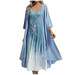 Plus Size Dress Jersey Dresses for Women UK Prom Dresses for Women UK Crew Neck Floral Print Chiffon Dresses 2 Piece Set Dresses Midi Dresses Office Dress (Blue, S)