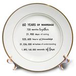 3dRose 60 Years of Marriage 60th Wedding Anniversary in Months Days Hours-Porcelain Plate, 8-inch (cp_321447_1), White