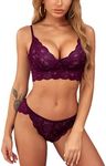 ADOME Women's Lace Lingerie Bra and Panty Set Strappy Babydoll Bodysuit S-XXL, Rose Purple, XX-Large