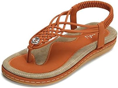 gracosy Summer Sandals for Women, Flat Sandals Flip Flops Thongs Clip Toe Slip On Elastic T-Strap Bohemia Beach Slippers Orange 8 M US