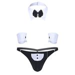 JEATHA Men's Waiter Cosplay Lingerie Set Tuxedo Thong with Bow Tie Collar Bracelets Christmas Underwear Black&White#A M