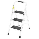 HBTower 3 Step Ladder, Step Stool for Adults, Folding Step Stool with Cushioned Handle and Wide Anti-Slip Pedal, 330 lbs/150 kg Capacity Ergonomic Design, White