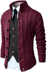 NITAGUT Mens Long Sleeve Stand Collar Cardigan Sweaters Button Down Cable Knitted Sweater,Wine Red,Medium