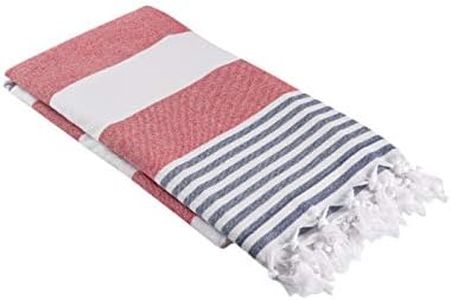 InfuseZen Terry Cloth Lined Turkish Bath & Beach Towel – Marine Stripe Design - 100% Organic Turkish Cotton - Soft, Lightweight, Absorbent - Quick Dry for Beach, Bath, Throw, Travel - Red/Navy