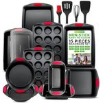 NutriChef, Bakeware Set, Baking Pans, Baking and Cookie Sheets, Includes: Cookie Sheets, Cake Pans, Muffin Pans, Loaf Pans, Square Pan, Roaster with Lid, Kitchen Utensils Set, Black and Red, 15pc