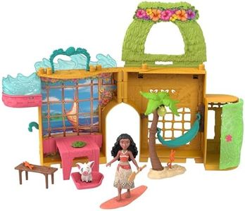 Mattel Disney Histoires à empiler L’île de Vaiana Maison de poupée et poupée princesse Vaiana, avec petite poupée, 2 figurines animaux et 8 accessoires de jeu, jouet inspiré du film Disney HXK09