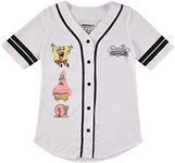 SpongeBob SquarePants Ladies Baseball Jersey - Spongebob, Mr Krabs, Squidward, Patrick - Mesh Button Down Baseball Jersey, White Baseball, Large