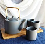 Ebros Gift Contemporary Matte Stoneware Double Walled 28 fl oz Tea Pot With 4 Matching Cups And Stylish Bamboo Serving Tray As Kitchen Dining Home Decor Novelty Teapot Sets (Pastel Grey Black)