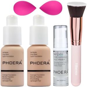 Hilareco PHOERA Foundation,PHOERA Makeup for Women,PHOERA Matte Liquide Foundation Full Coverage,PHOERA Primer,PHOERA Concealer,Kabuki Brushes Foundation,2 Sponge(102 Nude + 103 Warm peach) 6 Pcs