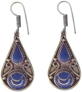 Blue Lapis Lazuli Gemstone Inlay Pear shape Drop Dangle Earring for Women, 925 Silver Plated Fashion Jewellery for Gifts, Handmade Ethnic Designer Boho Earrings