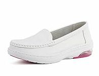 MaxMuXun Women's Nursing Shoes,Leather Comfortable Non Slip Flat Slip on Loafers Restaurant Work White Nurse Shoes Pink Size 8