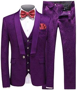 UNINUKOO Mens 3 Piece Suit Jacquard Floral Shawl Lapel Fancy Suits for Men Wedding Party Prom Tuxedo Suit Set US Size 38 Purple