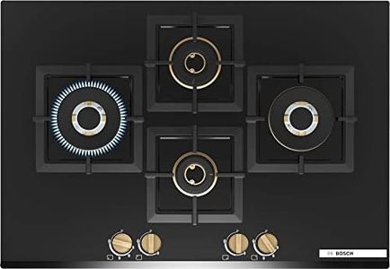 Bosch Built in Gas Hob Black Tempered glass Glass 4 Burner Auto Ignition 75 cm Full Brass 3D Ring Burners with Matt Black Heat Shields & Cast Iron pan supports (PNI7B6G20I)