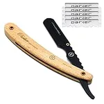 Parker SRP, Pine Wood Handle Straight Edge Barber Razor with Stainless Steel Blade Arm for Professionals, 5 Blades Included