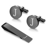 Morfetto Black Initial Cufflinks and Tie Clip Set for Men Personalized Copper Cuff Links and Tie Bar Letter Alphabet A-Z Gift for Father Husband J