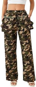 KWSTAIN Womens Camo Pants High Waisted Military Outdoor Elastic Waist Relaxed Fit Jogger Long Pants with Detachable Flap Pockets for Y2k Girls Trendy (Camo,S)