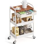 TOOLF 3-Tier Utility Rolling Cart with Wooden Board and Drawer, Metal Storage Cart with Handle, White Trolley Kitchen Organizer Rolling Desk with Locking Wheels for Office, Classroom, Home, Bedroom