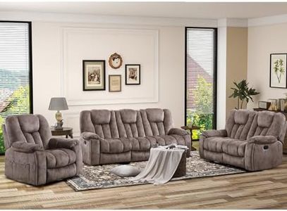 EBELLO 3 Pieces Recliner Sofa Furniture Set, Manual Recliner Chair with Massage and Heat, Loveseat and 3 Seat Reclining Couch Set for Living Room, Light Brown