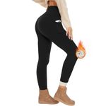 AMIYOYO Fleece Lined Leggings Women Thick Fur Thermal Leggings Pocket Winter Warm Black Gym High Waisted Tights Tummy Control Sport Yoga Stretchy Pants Trousers