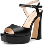 HDEUOLM Womens Chunky Block High Platform Heel Square Toe Peep Toe Sandals Ankle Strap Buckle Wedding Cute 5.3 Inches Heels, Black, 8.5