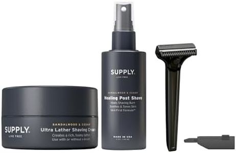 SUPPLY Single Edge SE Shaving Starter Kit for Men – Includes Safety Razor in Classic Matte, 8 Black Label Blade Refills and Shaving Cream 3.4 oz & Post Shave Lotion 2 oz in Sandalwood & Cedar