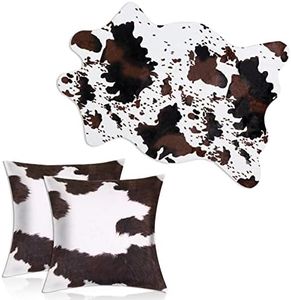 Remagr 3 Pcs Faux Cowhide Area Rug and Cow Print Pillowcase Set 3.6x2.5ft Carpet Mat and Pillows for Living Room Bedroom Office Western Decor, Black